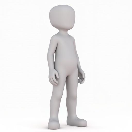 Image of a full body concept avatar displayed against a white background. The avatar has realistic features combined with a cartoonish style. The artistic approach features minimalist design elements and reflects Toyism influences in its form. The avatar is presented in a standing position with a neutral expression.