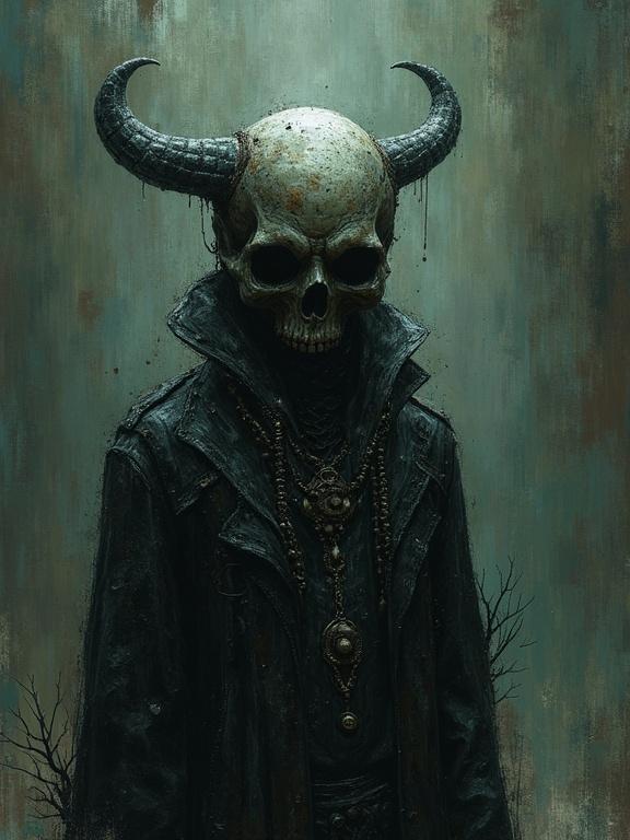 Artwork features a skull with large horns. The figure wears a long dark coat. The background is textured and atmospheric. Style has an impressionistic quality with eldritch elements.
