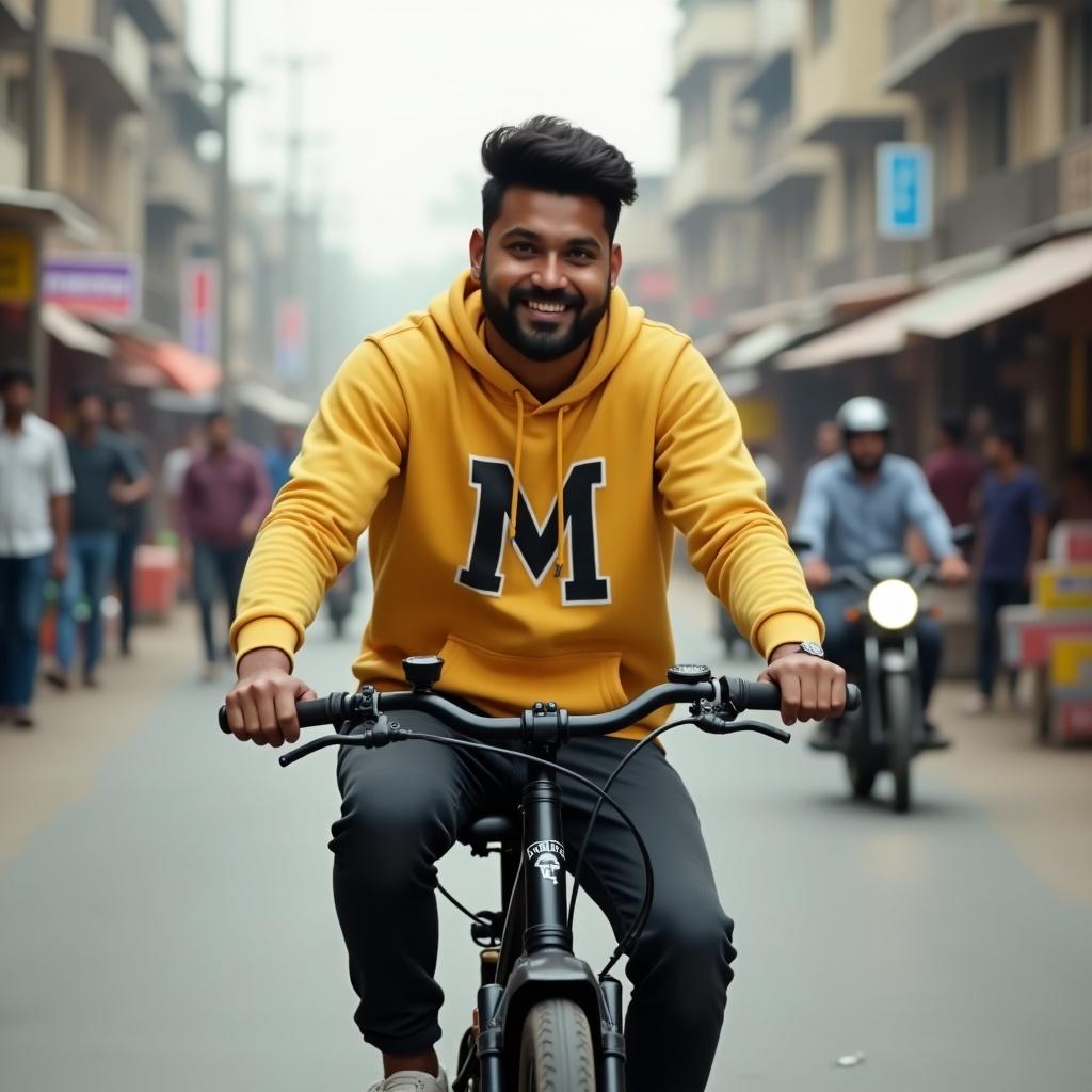 Realistic depiction of a man riding a black bike on a bustling street. The man wears a yellow hoodie with the letter 'M' and black jeans. The bike is equipped with a seat for a figurine of Lord Baby Jesus. The scene is vibrant and full of life with a market background.