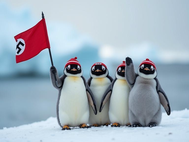Photo of small cute baby penguins in Antarctica. They are fat and fluffy. They wear red hats and hold a flag. Their right arms are raised in a salute.