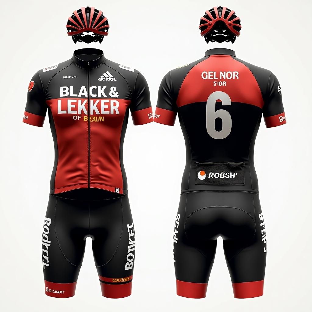 This image showcases a professional cycling kit designed for team Black & Lekker. The kit features a striking combination of black and red colors, perfect for a cycling championship. The front and side numbers are prominently displayed for clear identification of the cyclist. Additionally, there is a dorsal number spot at the back, above the pockets, which integrates well with the overall design. Spaces for advertising logos are included, emphasizing team spirit and the importance of sponsorship in cycling. The design captures the essence of motion and competitiveness associated with the sport.