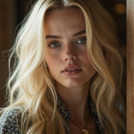 Close-up portrait of a young woman with blonde hair and blue eyes. Natural light enhances her features and gives a warm feel. She has a gentle expression and is looking slightly off-camera.