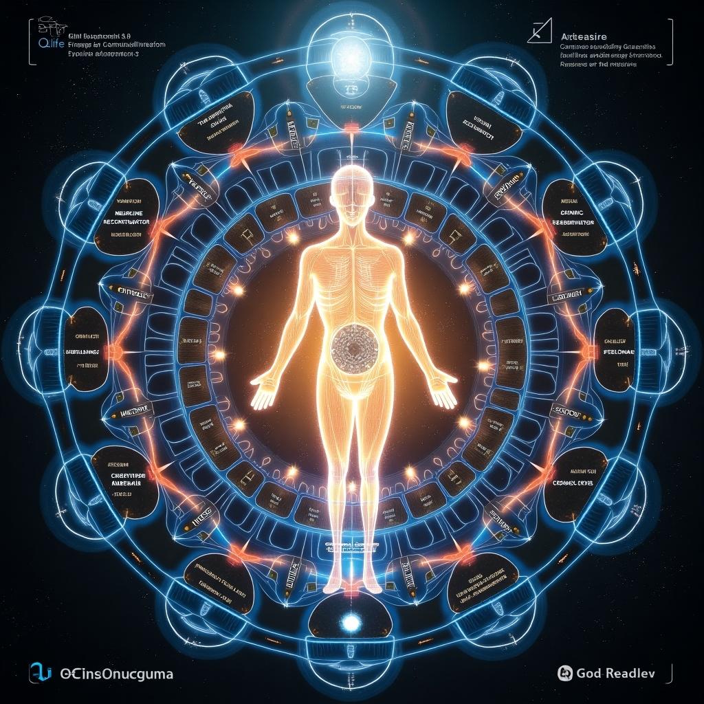 Diagram of the Q-Life Healing Mod v6.0 system centered on a human figure. Depicts advanced quantum technology and cosmic connectivity. Features a core interface with layers for 3D, 5D, and 11D evolution. Highlighting energy flows and quantum elements. Includes monitoring and safety systems within a cosmic background.