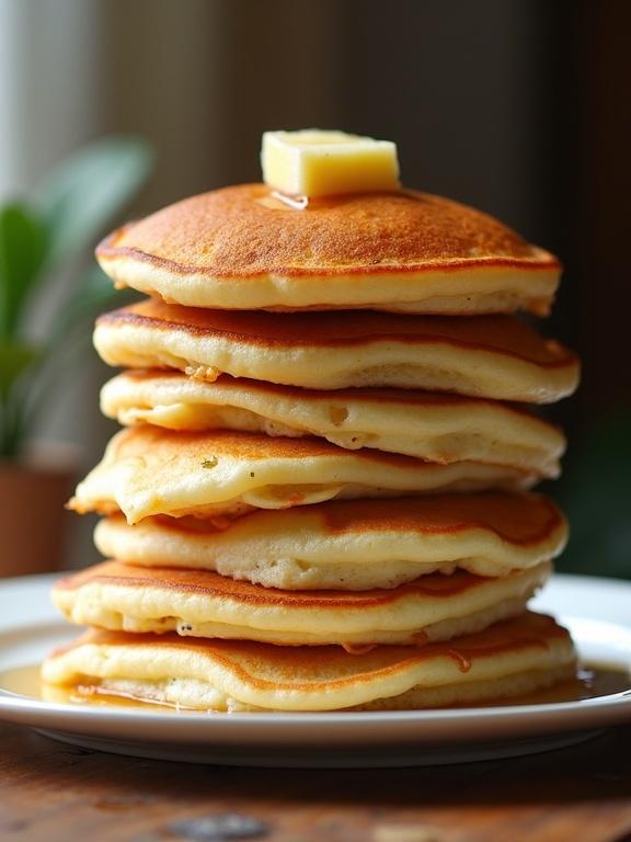 A tall stack of fluffy pancakes appears in golden brown color with a piece of butter on top and syrup drizzling down the sides.