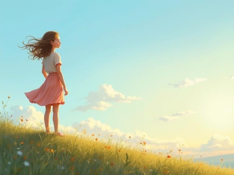 Girl stands on a hilltop with blowing hair. The sky is clear with a few clouds. The girl wears a white shirt and a pink skirt. The scene conveys freedom and dreams.