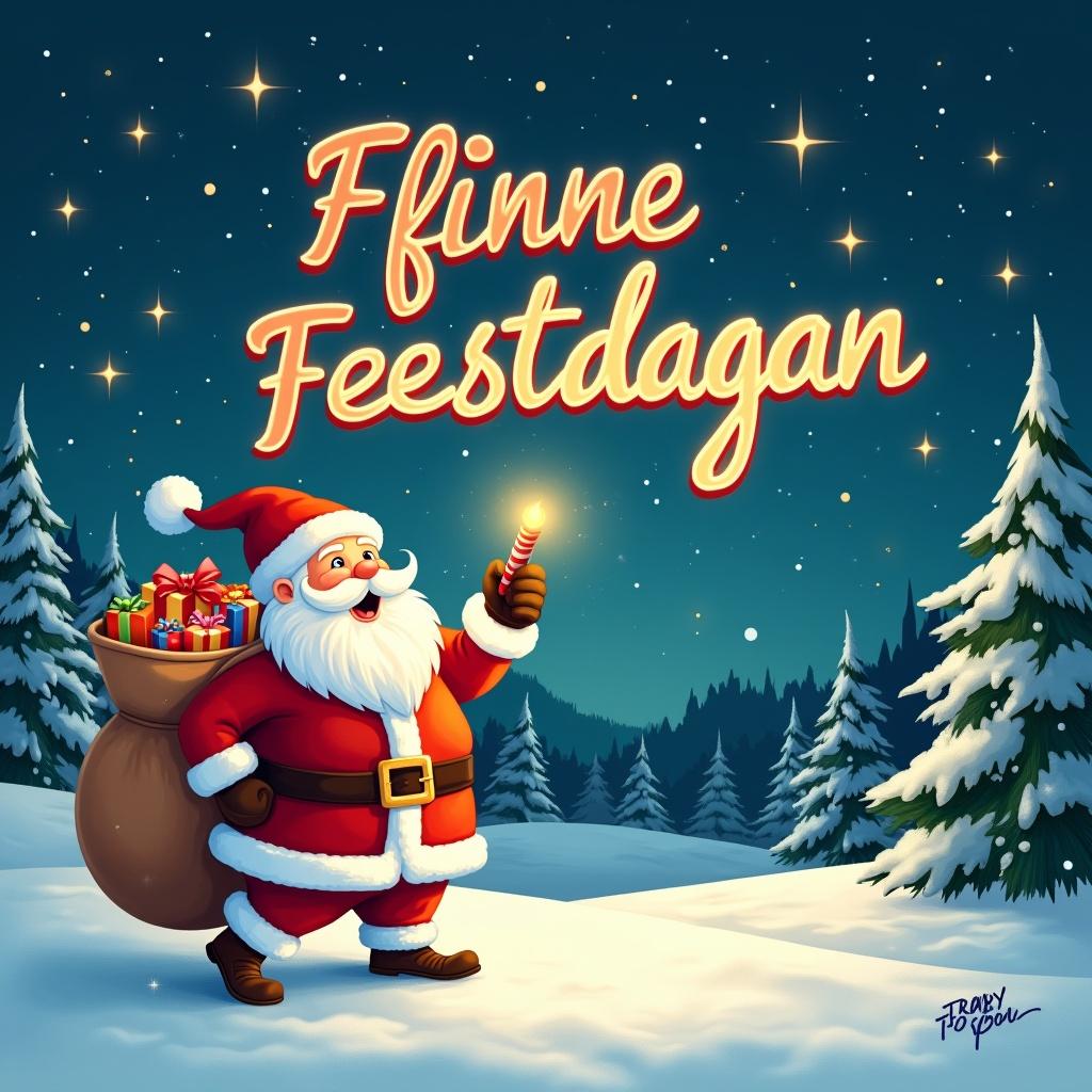 Illustration of Santa Claus joyfully writing 'Fijne Feestdagen' in colorful letters with a glowing pen. Background includes snowy landscape, fir trees, and a night sky filled with stars. Santa is in a traditional red outfit with a sack of gifts, radiating warmth and festive cheer.