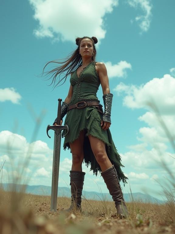 A strong female warrior stands on an open battlefield. She holds a massive sword pointed down into the earth. Her stance is wide and strong. She wears a tattered dark green battle dress and leather boots. Long hair flows in the wind. The sky is vivid blue with scattered clouds.