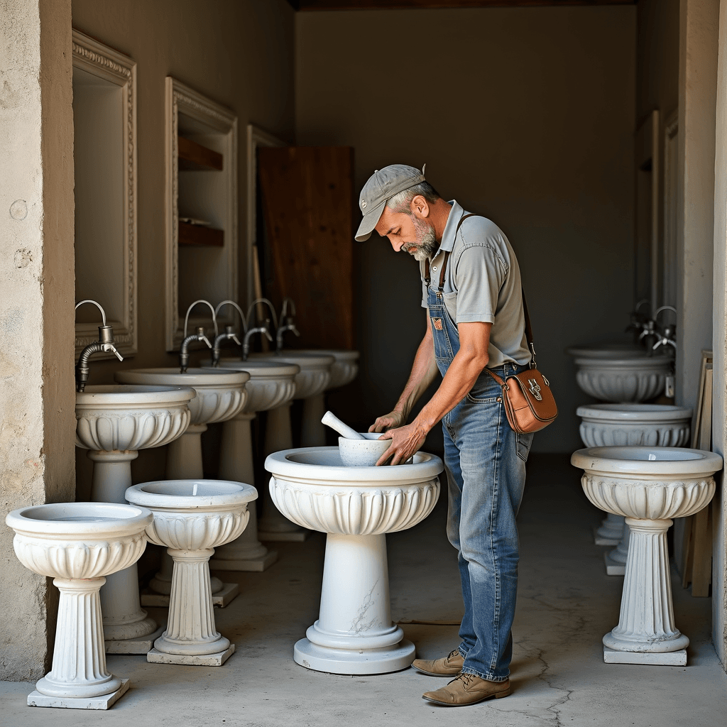 A man intently works with a mortar and pestle in a workshop lined with ornate stone pedestal sinks.