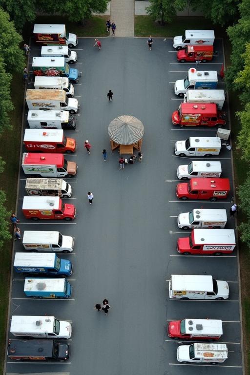 Aerial view shows trapezium parking lot with food trucks parked neatly. Defined parking spaces. Pedestrian scene features a gazebo in the center.