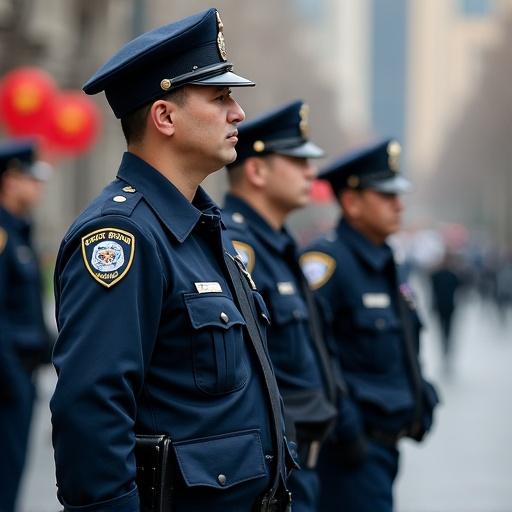 Chinese police officers standing in formation on a city street. Officers in black uniforms wear large hats. Scene depicts serious expressions while demonstrating authority.