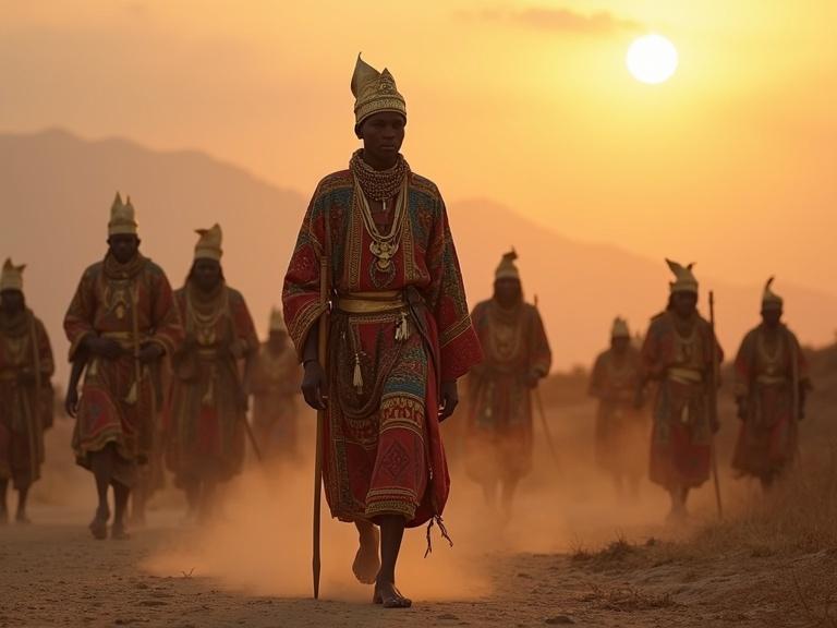 Ethiopian king walking during sunset on the African continent. King calls for unity while other figures follow. Traditional attire depicts rich culture. Dust rises around walking figures. Warm tones dominate the scene.