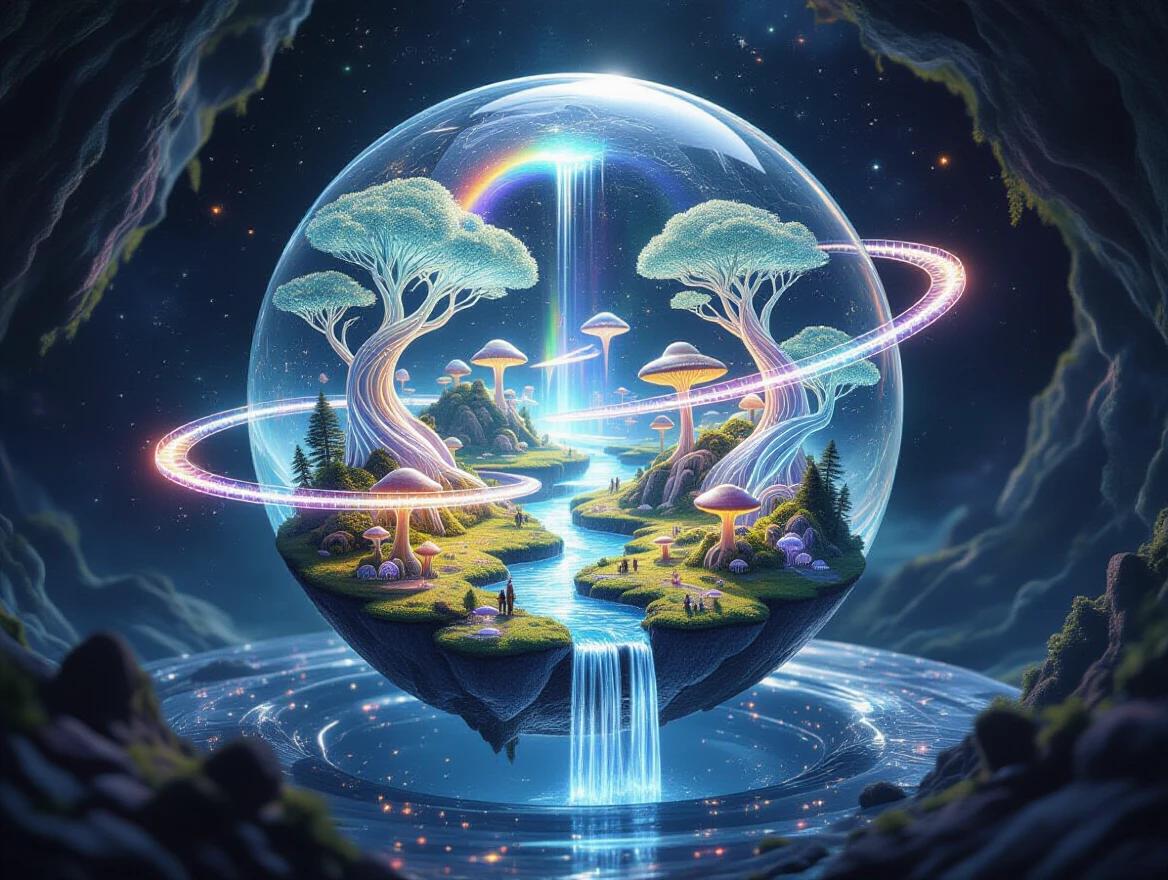 A 3D rendered miniature world is inside a floating sphere. The world has floating islands joined by glowing bridges. Waterfalls flow upward into spirals. Trees have crystal bark and spirals. Civilizations live in mushroom cities with glowing light. Auroras dance between islands. The sphere is like liquid starlight with rainbow reflections. Every detail is sharp and realistic, with rich lighting and depth.