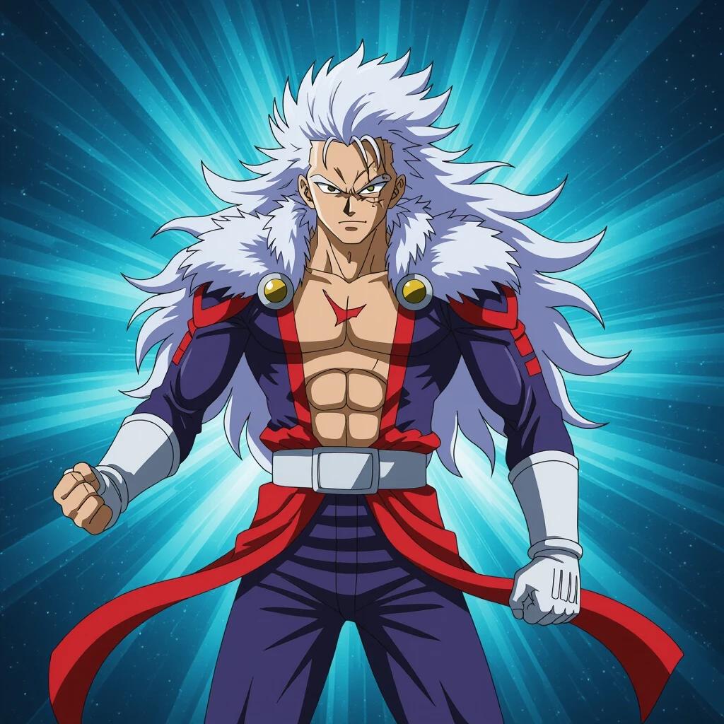 Illustration of a stylized hero character. The character features long flowing hair. The costume is vibrant with a mix of colors. The pose is powerful and ready for action. The background radiates energetic bursts of color.