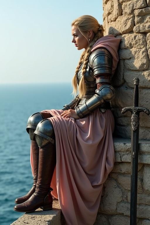 Attractive young woman sits on medieval wall. She has long blonde hair in braids and wears iron armor. Below her, a sword and shield lean against the battlements. She gazes at the sea.