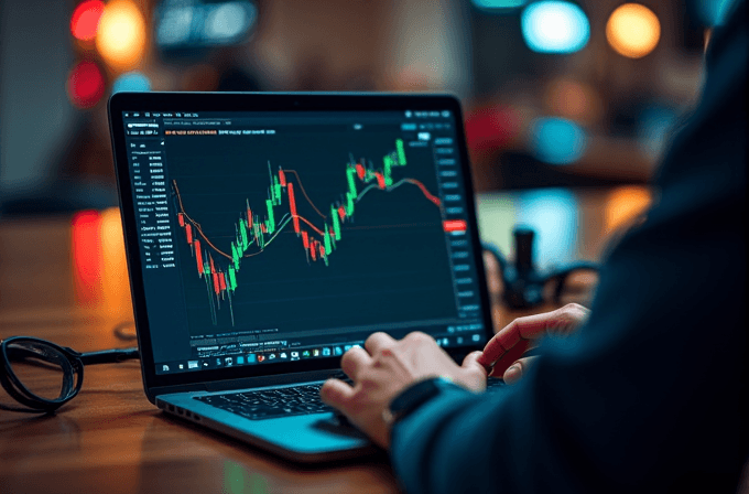 A person is using a laptop displaying a financial trading chart with candles and graphs in a dimly lit room.