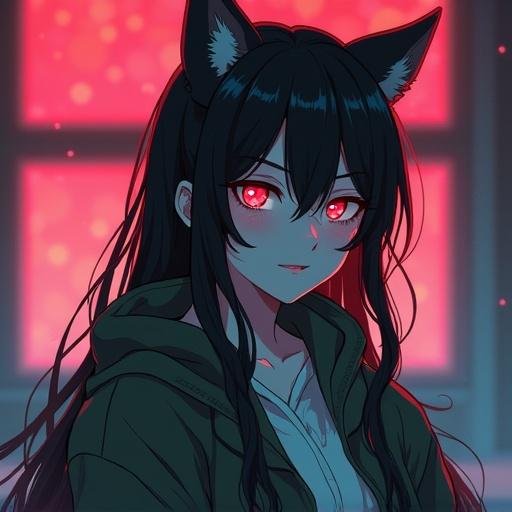 Paranoid anime character with long black hair and red eyes wearing a hooded jacket. Character displaying a mix of intrigue and caution in a dimly lit setting.