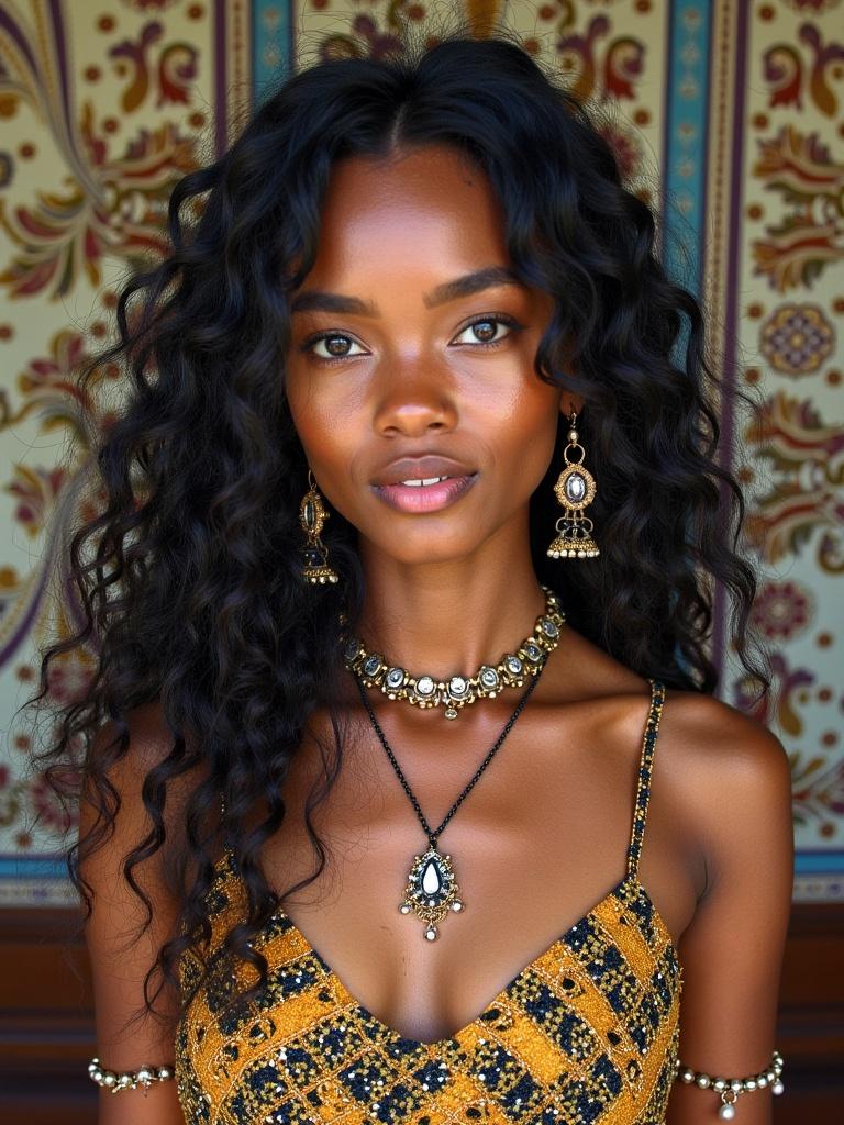 Portrait of a model wearing traditional Indian jewelry. The model has long curly hair. The model wears an ornate gold and black dress with matching accessories. The background features intricate historical designs. Soft light highlights the jewelry and skin tone.