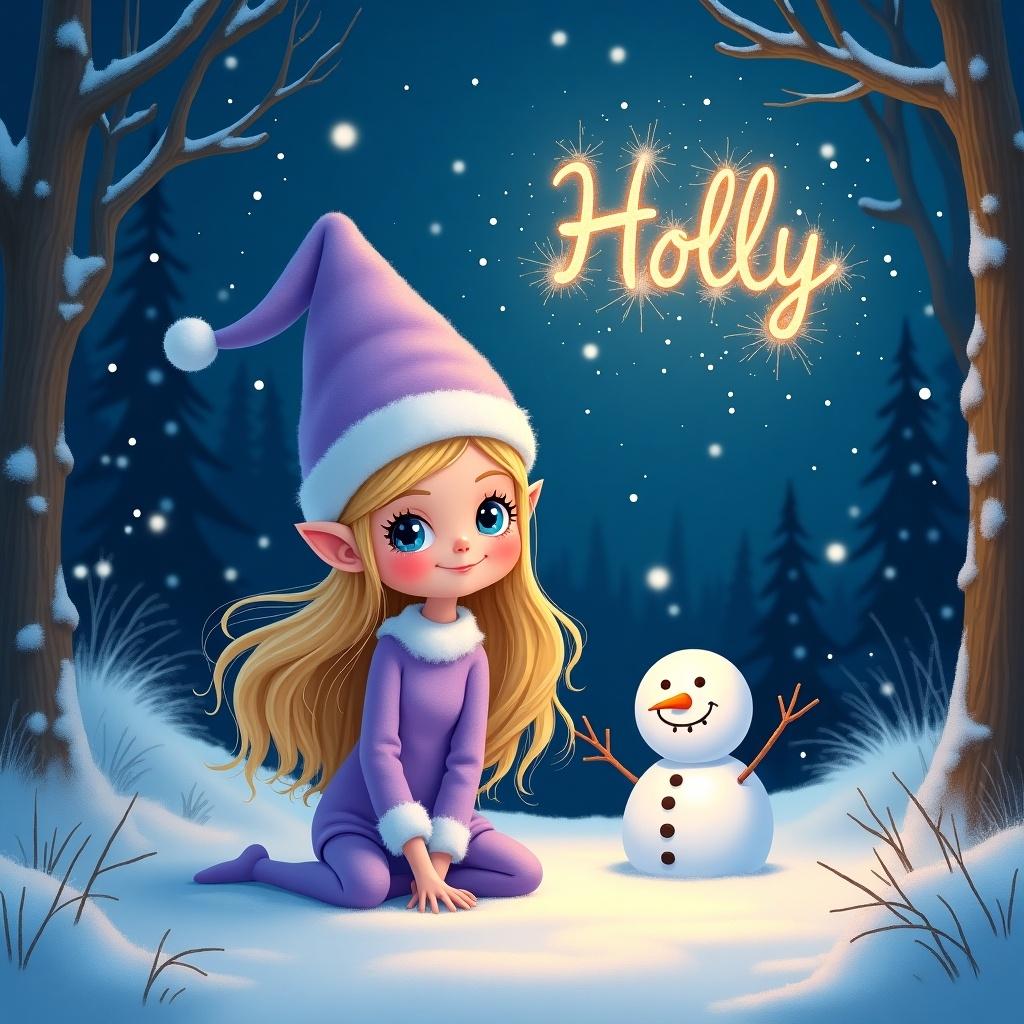 The image depicts a lilac-skinned girl Elf on the Shelf named Holly, sitting in a serene woodland setting. She has long blonde hair and blue eyes, with a playful expression. Beside her is a cheerful snowman with a carrot nose. The night sky is illuminated with snowflakes, and the name 'Holly' is sparkling above in the sky, created by a sparkler. The overall mood is festive and whimsical, capturing the essence of the holiday season.