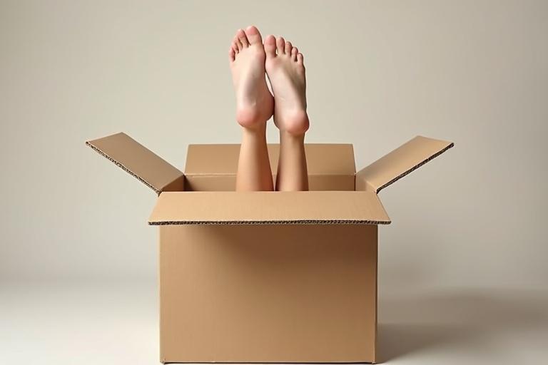 Female feet are showing from a large cardboard box. Box flaps are open. The background is simple and neutral.