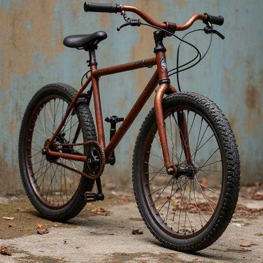 Rusted BMX bicycle on concrete with natural lighting. Side angle. Soft shadows.