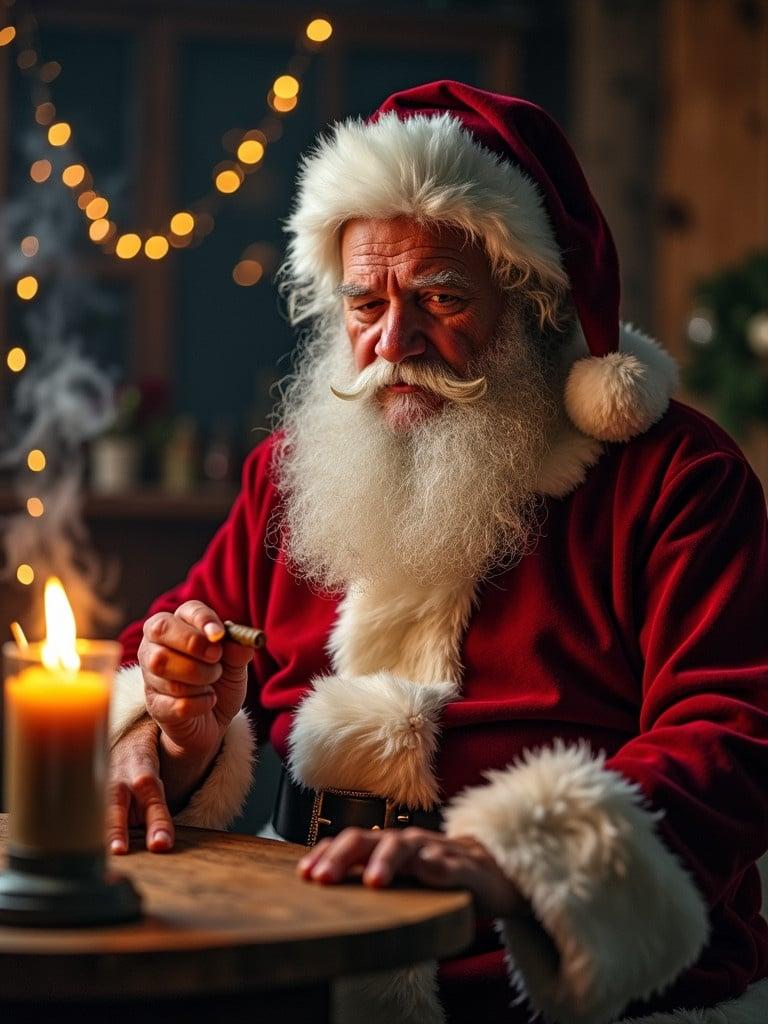 Santa Claus seated at a wooden table in his workshop. Red suit with white fur trim. Warm candle lighting. Inhaling cigar smoke. Decorated space filled with soft light and holiday ambiance. Expressing relaxation after a long work night.