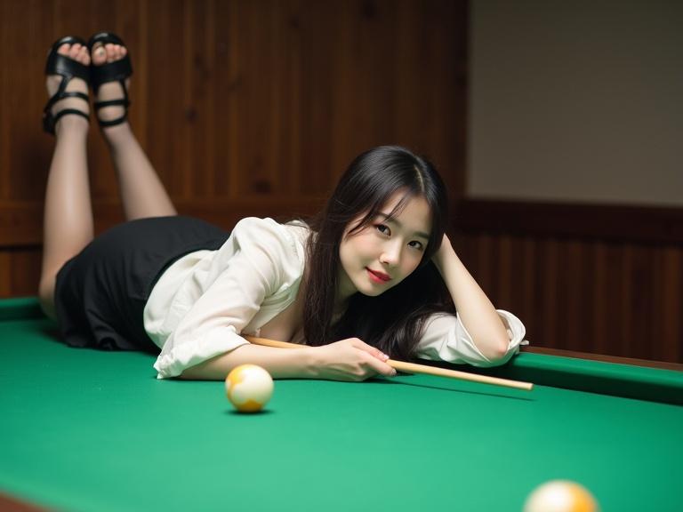 A young Asian woman reclines on a green pool table. She wears a white blouse and black skirt. Legs in sheer black pantyhose and black heels. Holds a pool cue in one hand. Long dark hair over her shoulder. Makeup features soft blush and red lips. Scene is relaxed and playful.