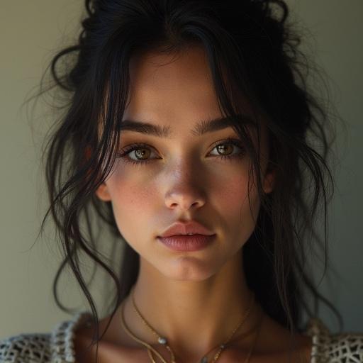 Portrait of a young woman with striking features. Soft natural lighting highlights her beauty. Long hair frames her face elegantly. Warm colors add to the natural look.