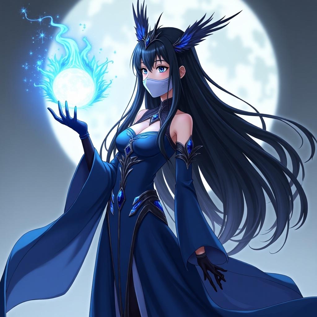 Anime girl goddess with black long hair and energy ball, Eyes looking to the right, Long dress with blue details, Dark crown.