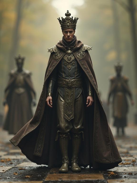 Front view of a chess king pawn in a royal cloak. The cloak flutters in the wind. Shadowy figures of other chess pieces lurk behind.