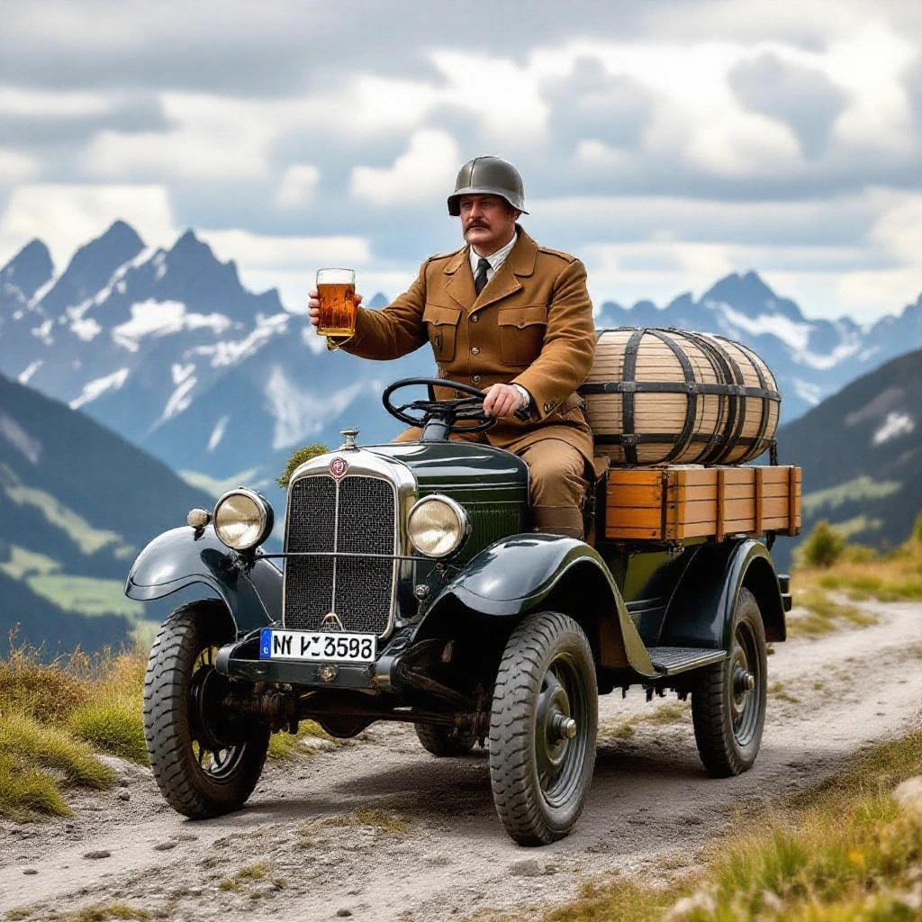 Historical figure in a vintage automobile holding a beer on a mountain road. Scenic background with mountains and greenery.