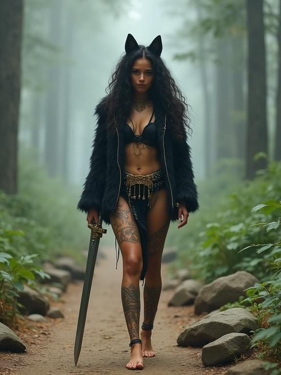 A young woman with dark curly hair and wolf ears walks confidently in a misty forest. She wears a black faux-fur jacket and tribal-patterned top. Her body is athletic with tribal tattoos visible. She has a decorative gold belt and is barefoot. A long sword is held at her side. The path is surrounded by large rocks and lush green plants with misty trees in the background. The scene has a soft, diffused light and a cool-toned color palette. The atmosphere is dramatic and empowering.