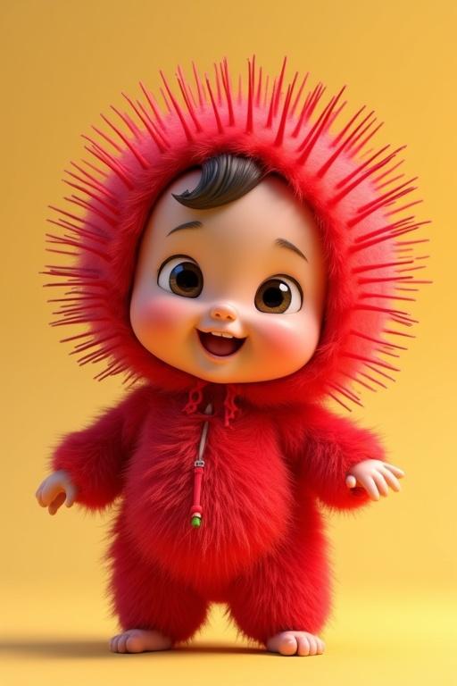 A cute baby in a fluffy spiky red rambutan fruit costume. Baby smiling and looking adorable. 3D animated cartoon style. Bright cheerful lighting. Simple colorful background. Highly detailed vibrant colors.