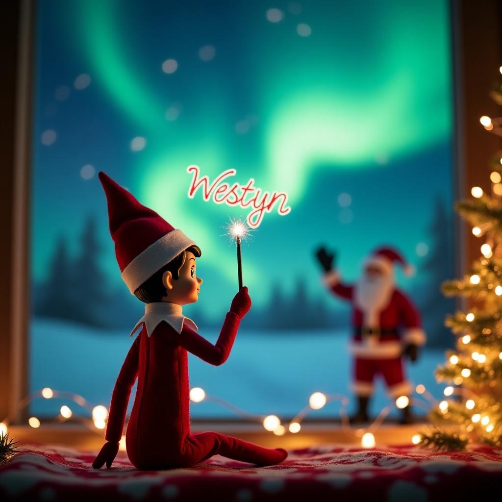 Elf on the Shelf facing a stunning sky with northern lights. Elf writes the name 'Westyn' with a magic wand. Santa Claus waves in the background. Scene includes a lit Christmas tree and fairy lights. Festive atmosphere.