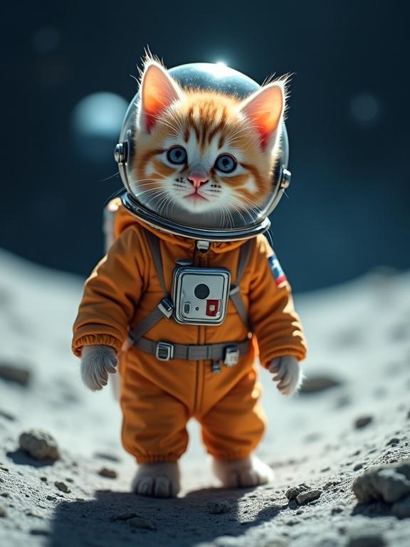 Photorealistic kitten in detailed tiny astronaut suit and helmet stands on the moon surface. Kitten looks curious and wide-eyed. Soft space-themed lighting creates realistic glow and shadows, with faint view of Earth in the background.