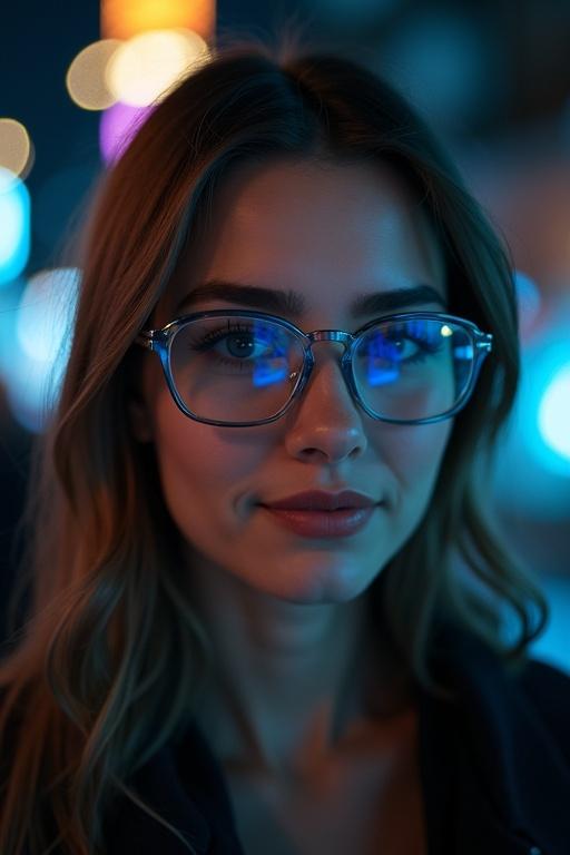 Close-up portrait of a woman wearing large glasses in low light with city lights in reflection. Captured with a Sony Alpha 1 camera using an 85mm f/1.4 GM lens. Shallow depth of field creates creamy bokeh in background. Centered frame highlights glasses and reflections. Sharp image in low light with adjusted shutter speed. Cool white balance enhances blue hues.