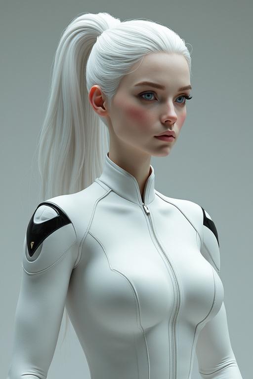 Futuristic sci-fi character portrait with long white hair and pale skin. She wears a form-fitting white bodysuit resembling a Star Trek captain's uniform. The design features a classic Star Trek emblem in black. The character has light blue eyes with a shy expression. The background depicts an enterprise starship with a teleporter effect. The image is rendered in high detail with dramatic lighting and a low-angle perspective.