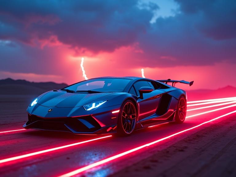 Futuristic Lamborghini in a desert at sunset. Vibrant colors of deep blue and red lights. Laser light rims and fog effects. Lightning in the background with a stormy vibe.