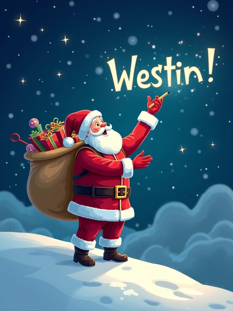 Santa Claus stands on snowy hill under starry night sky. He holds a pencil writing names in the sky. Traditional red and white suit. Large sack of gifts on his back. Bright night with twinkling stars. Playful word 'Westin!' in the air.