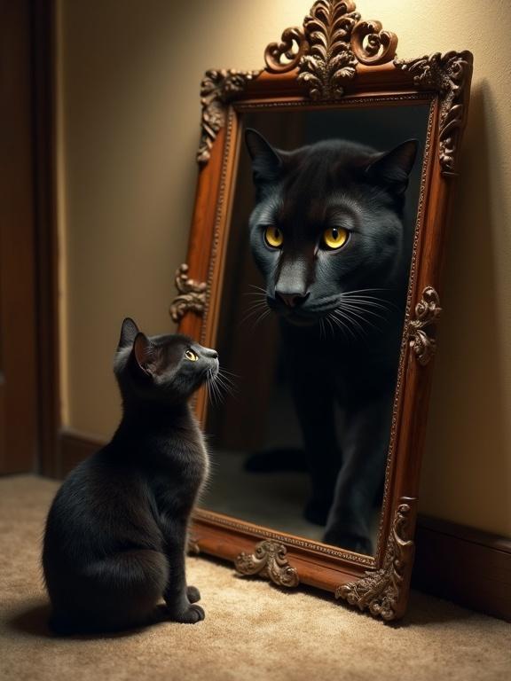 A small dark grey domestic cat sits on a carpeted floor looking into an old ornate wooden-framed mirror. The cat is focused on its reflection but sees a large black panther with yellow eyes in the mirror. Soft warm lighting highlights the scene. The atmosphere is quiet.
