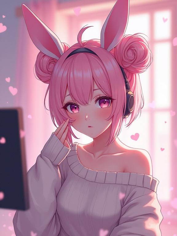 Woman with pastel pink hair in twin buns wearing oversized sweater. Bunny ears headband. Whispering into a microphone. Dreamy background with floating hearts and stars. Soft lighting creates kawaii vibes.