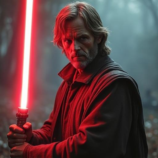 Luke Skywalker portrayed in a zombie style. Scene takes place in a dark forest. Character holds a glowing red lightsaber. Dramatic expression on face. Character wears a dark robe.