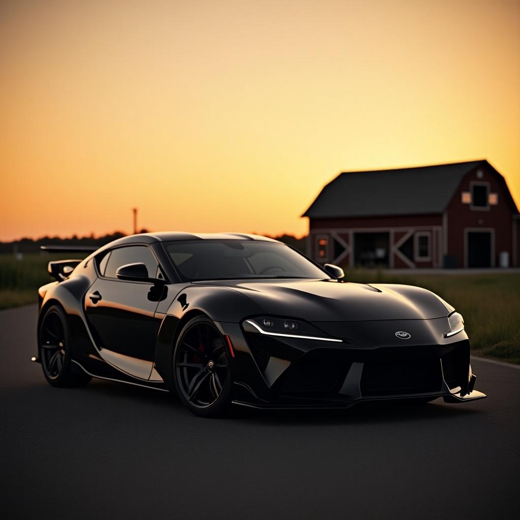 Sleek black sports car gleaming against a serene sunset backdrop with a barn in the background.