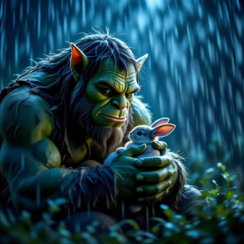 In a torrential storm at night, a kind-hearted ogre cradles a tiny baby bunny, sheltering it from the rain. The scene is dark and windy with heavy rainfall in vibrant dark colors in a high definition professional wildlife photograph.