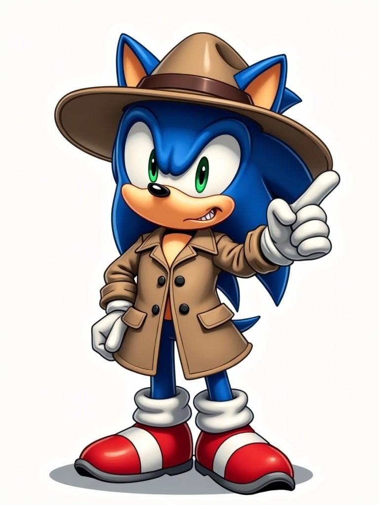 Sonic the Hedgehog wears a park ranger's hat and a trench coat. Character appears confident and adventurous with an expressive pose. No background presents a clear focus on the character.