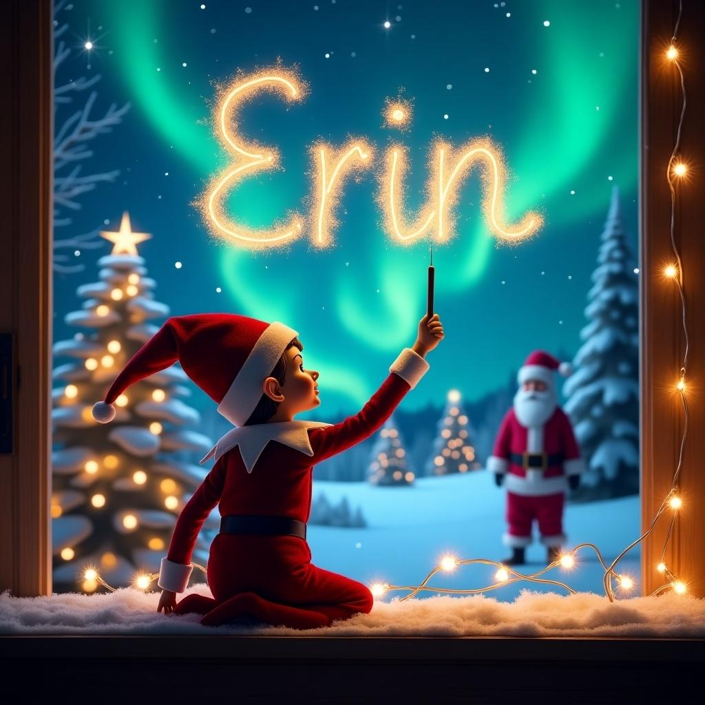 A whimsical elf faces a night sky writing Erin with a wand. Background shows northern lights and snow-covered trees. Santa appears in the distance. Twinkling lights create a festive vibe.