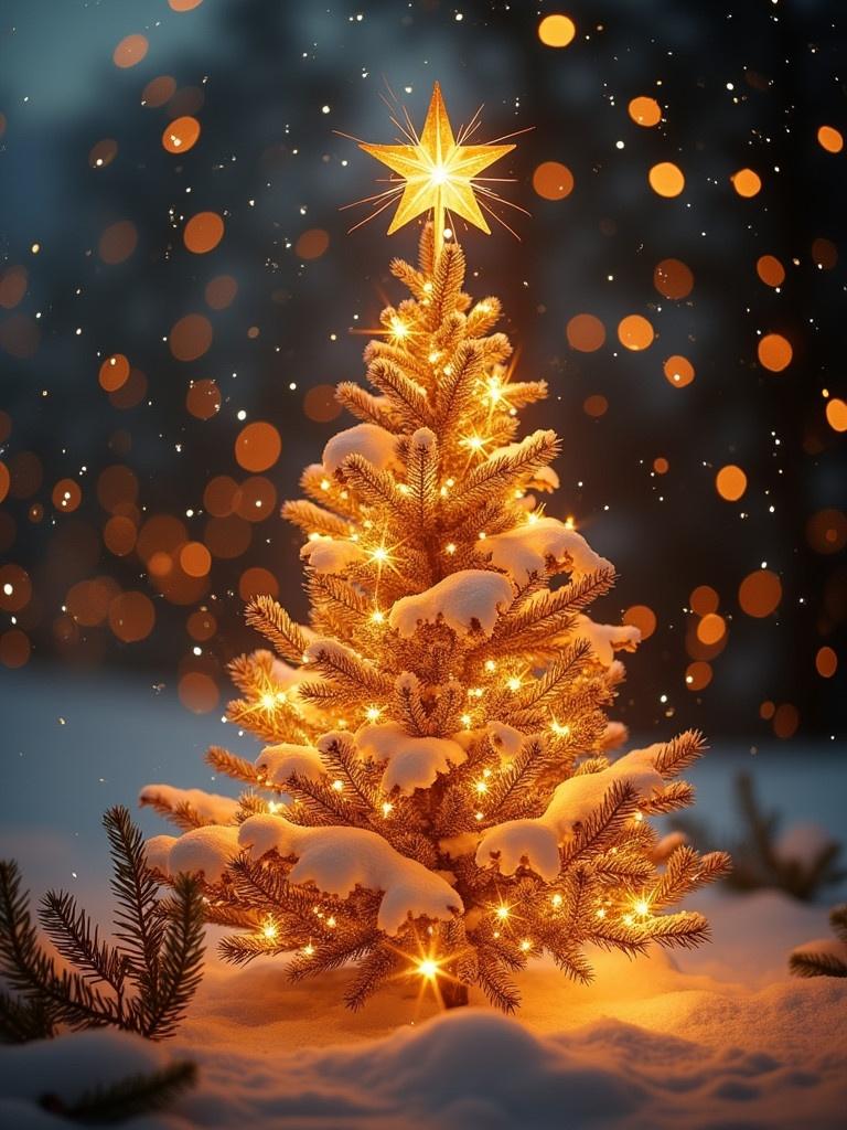 Christmas tree decorated with lights and snow. Warm lights shining in dark background. Peaceful winter scene with snowflakes falling. Holiday spirit captured in nighttime setting.