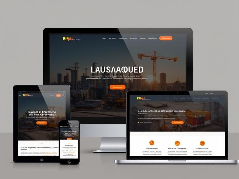 Design a modern responsive website for Eiffel construction company. Include homepage services projects contact. Use dark gray and orange. Add language switcher EN/AR.