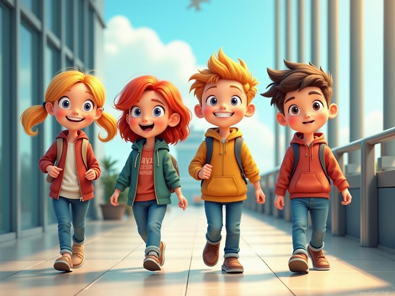 This image features four animated children joyfully walking on a sunlit walkway. Each child has a different hairstyle and wears casual clothing with backpacks, suggesting a school outing or a fun day at a recreational park. The bright colors and wide smiles evoke a sense of happiness and camaraderie.