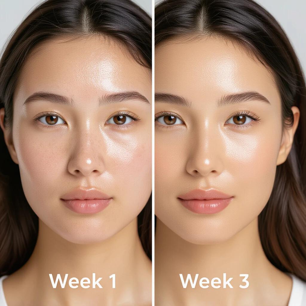 Image shows woman's face divided into two halves Left side labeled 'week 1' has acne and pimples Right side labeled 'week 3' has glowing smooth skin
