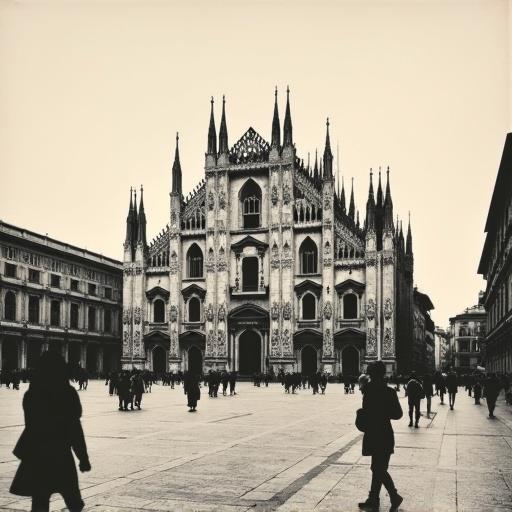 Aquatint print of Piazza del Duomo in Milan from the 19th century without any people present. Scene depicts the magnificent Duomo Cathedral and the surrounding square.